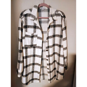 CZ Collection Cezelle Black White Plaid Button-Up Long Soft Flannel Jacket L